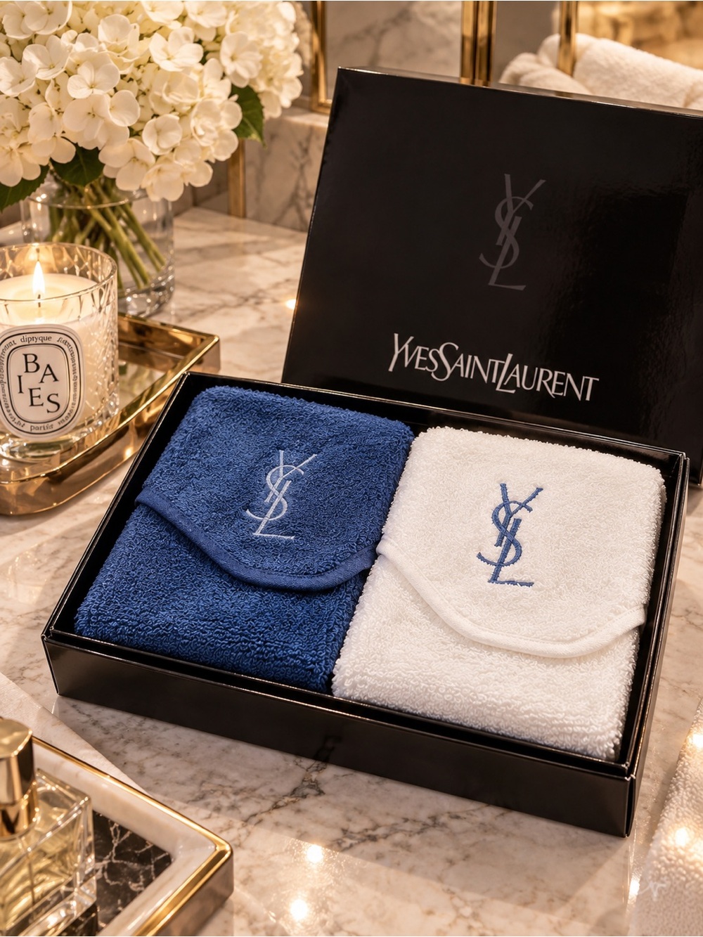 Yves Saint Laurent YSL Blue & White Towel Gift Set NIB Japan